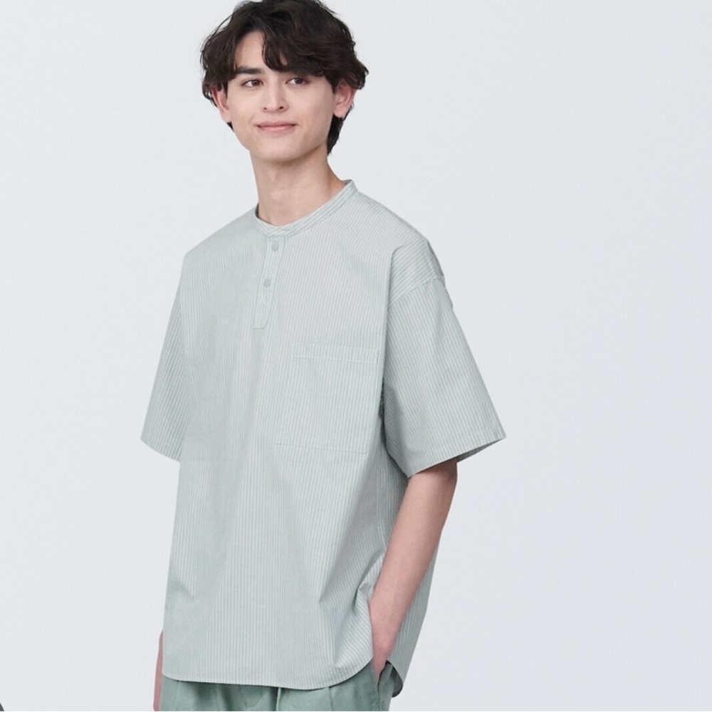 Muji Cool Touch Henry Neck Short Sleeve Woven Grey Striped Shirt Size S